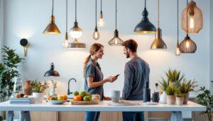 A photograph of a beautifully arranged display of various pendant lights in a modern home setting