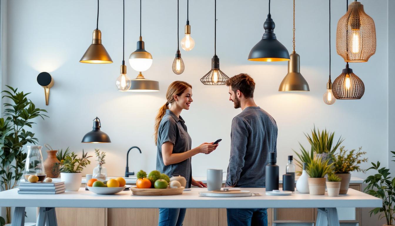 A photograph of a beautifully arranged display of various pendant lights in a modern home setting