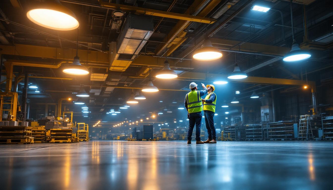 A photograph of a well-lit industrial setting featuring led lights in action