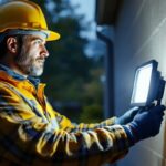 A photograph of a lighting contractor inspecting or installing top-rated led flood lights in an outdoor setting