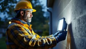 A photograph of a lighting contractor inspecting or installing top-rated led flood lights in an outdoor setting
