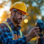 A photograph of a lighting contractor inspecting or installing led sport lights in an outdoor setting