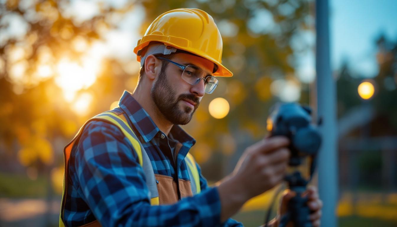 A photograph of a lighting contractor inspecting or installing led sport lights in an outdoor setting