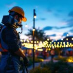 A photograph of a professional lighting contractor installing commercial-grade heavy-duty outdoor lights in a vibrant urban setting