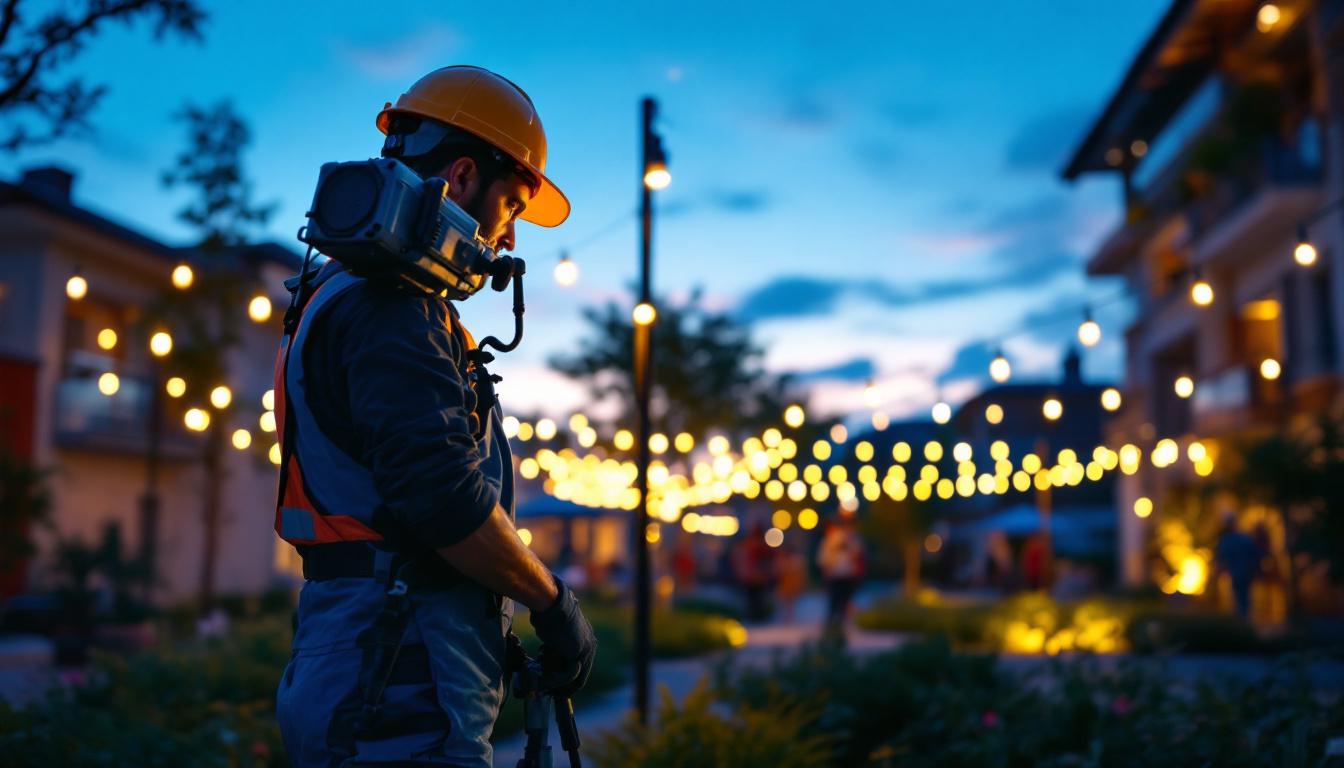 A photograph of a professional lighting contractor installing commercial-grade heavy-duty outdoor lights in a vibrant urban setting
