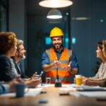 A photograph of a lighting contractor confidently presenting a modern led lighting solution to a group of engaged clients in a well-lit