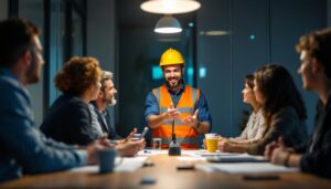 A photograph of a lighting contractor confidently presenting a modern led lighting solution to a group of engaged clients in a well-lit