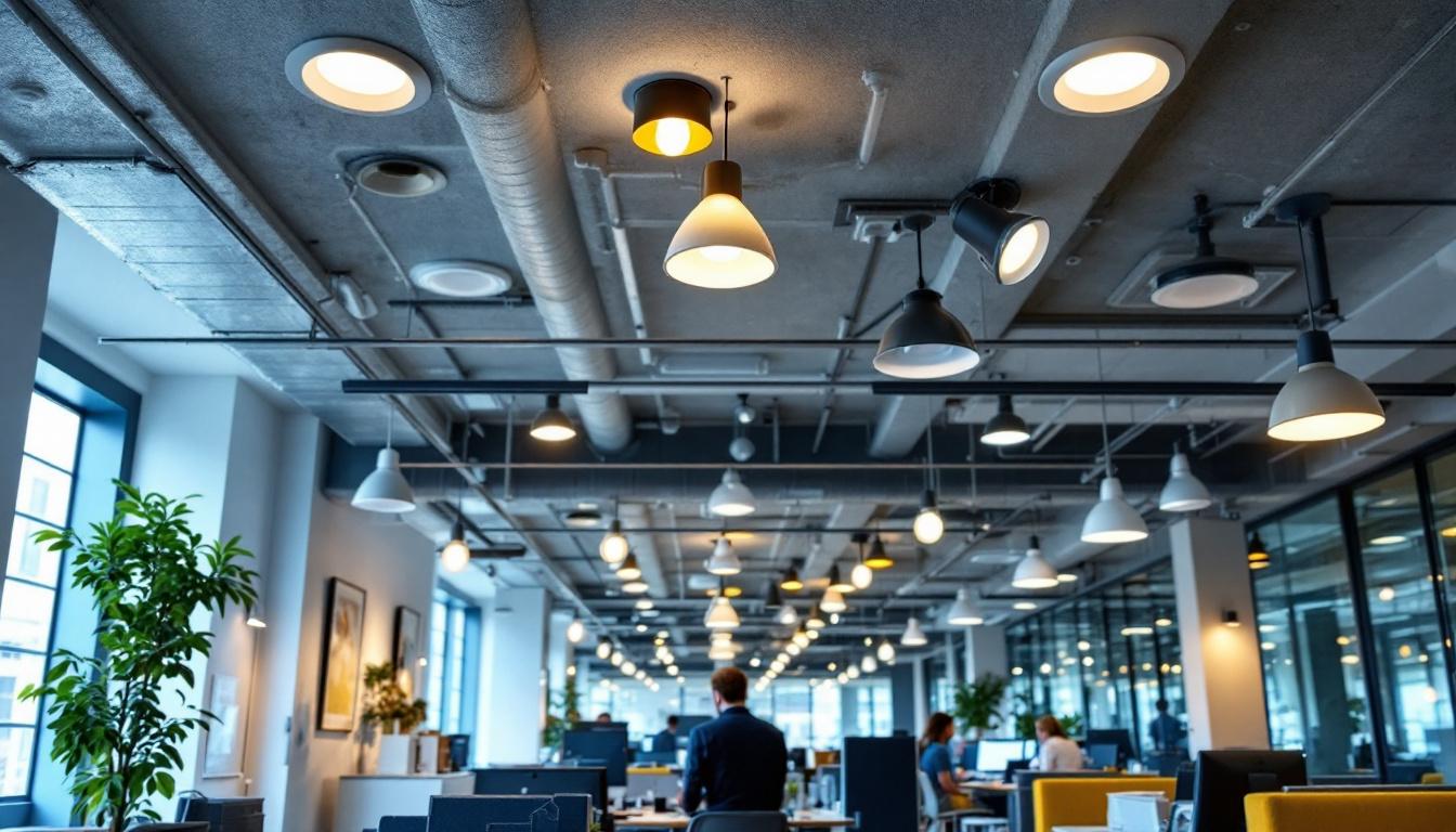 A photograph of a well-lit workspace featuring recessed shop lights installed in a commercial setting