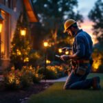 A photograph of a lighting contractor installing solar lights in a beautifully landscaped outdoor space during the golden hour