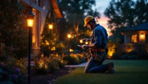 A photograph of a lighting contractor installing solar lights in a beautifully landscaped outdoor space during the golden hour