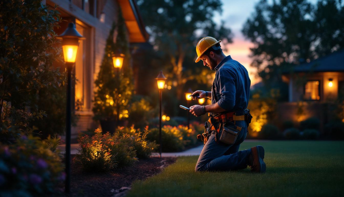 A photograph of a lighting contractor installing solar lights in a beautifully landscaped outdoor space during the golden hour