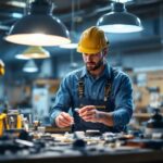 A photograph of a skilled lighting contractor examining various replacement parts for hanging light fixtures in a well-lit workshop