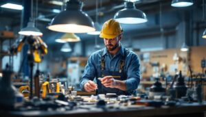 A photograph of a skilled lighting contractor examining various replacement parts for hanging light fixtures in a well-lit workshop