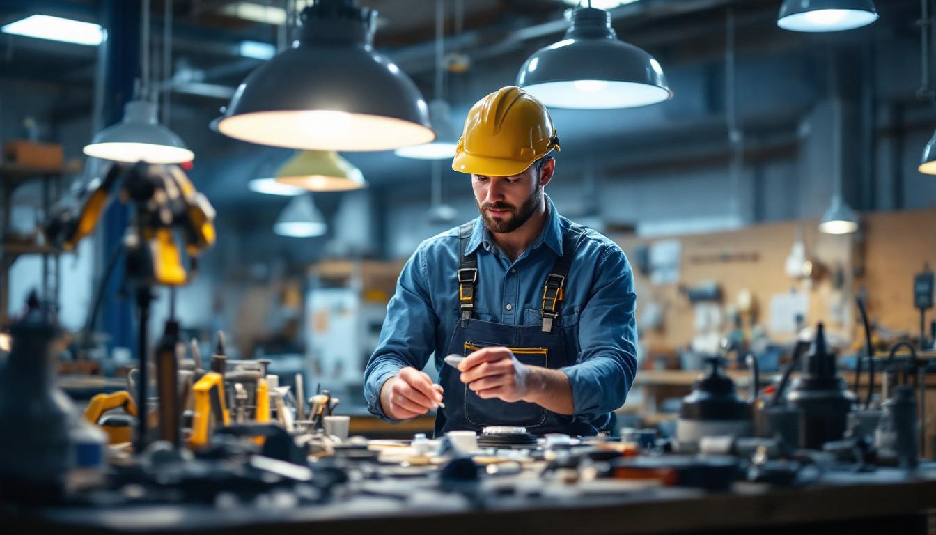 A photograph of a skilled lighting contractor examining various replacement parts for hanging light fixtures in a well-lit workshop