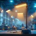 A photograph of capture a photograph of a brightly lit industrial workspace featuring various industrial flood light fixtures in use