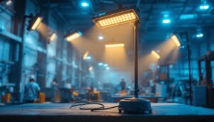 A photograph of capture a photograph of a brightly lit industrial workspace featuring various industrial flood light fixtures in use