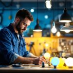 A photograph of a lighting contractor in action