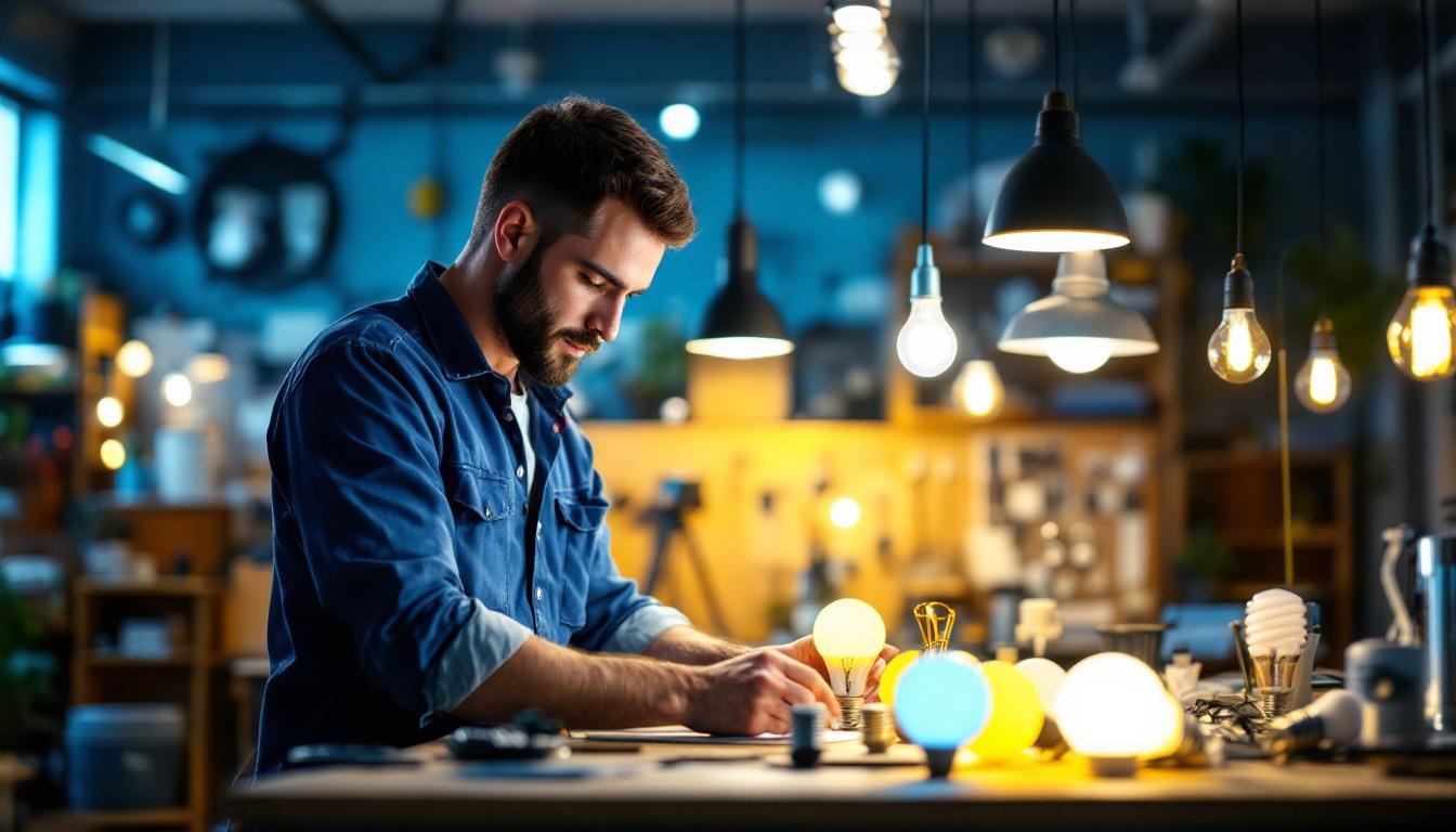 A photograph of a lighting contractor in action
