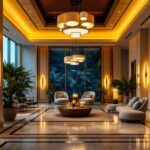 A photograph of a beautifully designed hotel lobby featuring a variety of stylish lighting fixtures that enhance the ambiance
