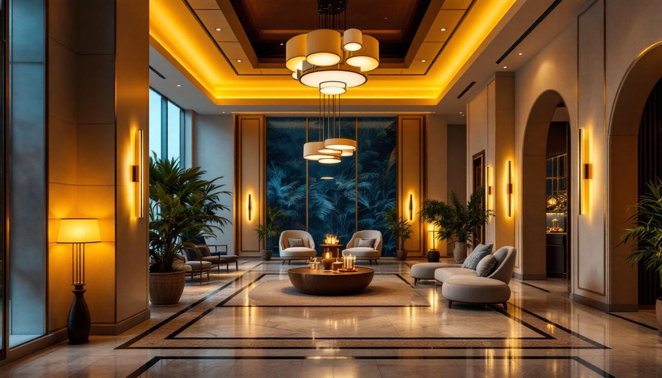 A photograph of a beautifully designed hotel lobby featuring a variety of stylish lighting fixtures that enhance the ambiance
