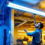 A photograph of a well-lit workspace featuring a 2x4 fluorescent light fixture installed in a ceiling