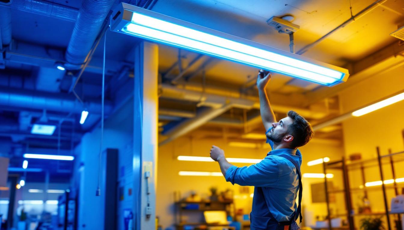 A photograph of a well-lit workspace featuring a 2x4 fluorescent light fixture installed in a ceiling