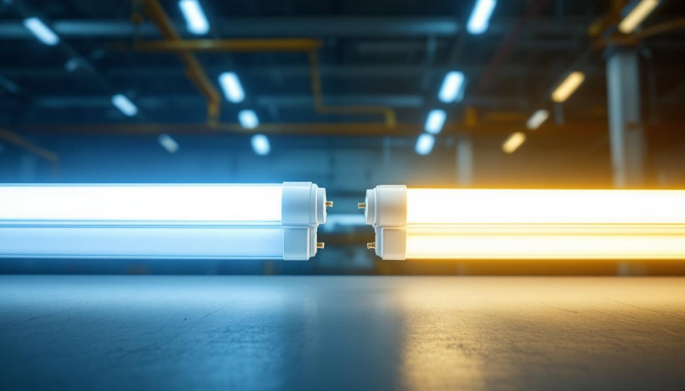 A photograph of a side-by-side comparison of t5 and t8 fluorescent tubes in a well-lit workshop setting