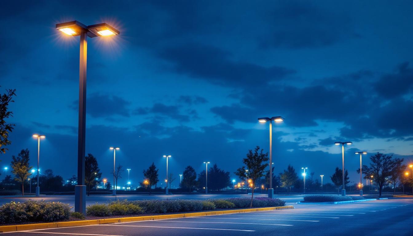 A photograph of a well-lit parking lot featuring led pole lights in action during dusk or nighttime
