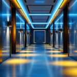 A photograph of a beautifully designed hallway featuring stylish floor lights that illuminate the space