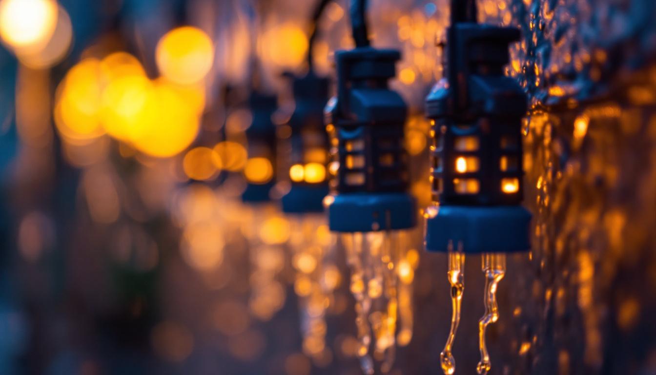 A photograph of a close-up of various 12v waterproof connectors in use within an outdoor lighting setup