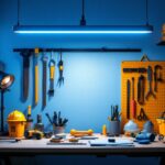 A photograph of a well-lit workspace featuring an 8-foot led shop light illuminating various tools and materials