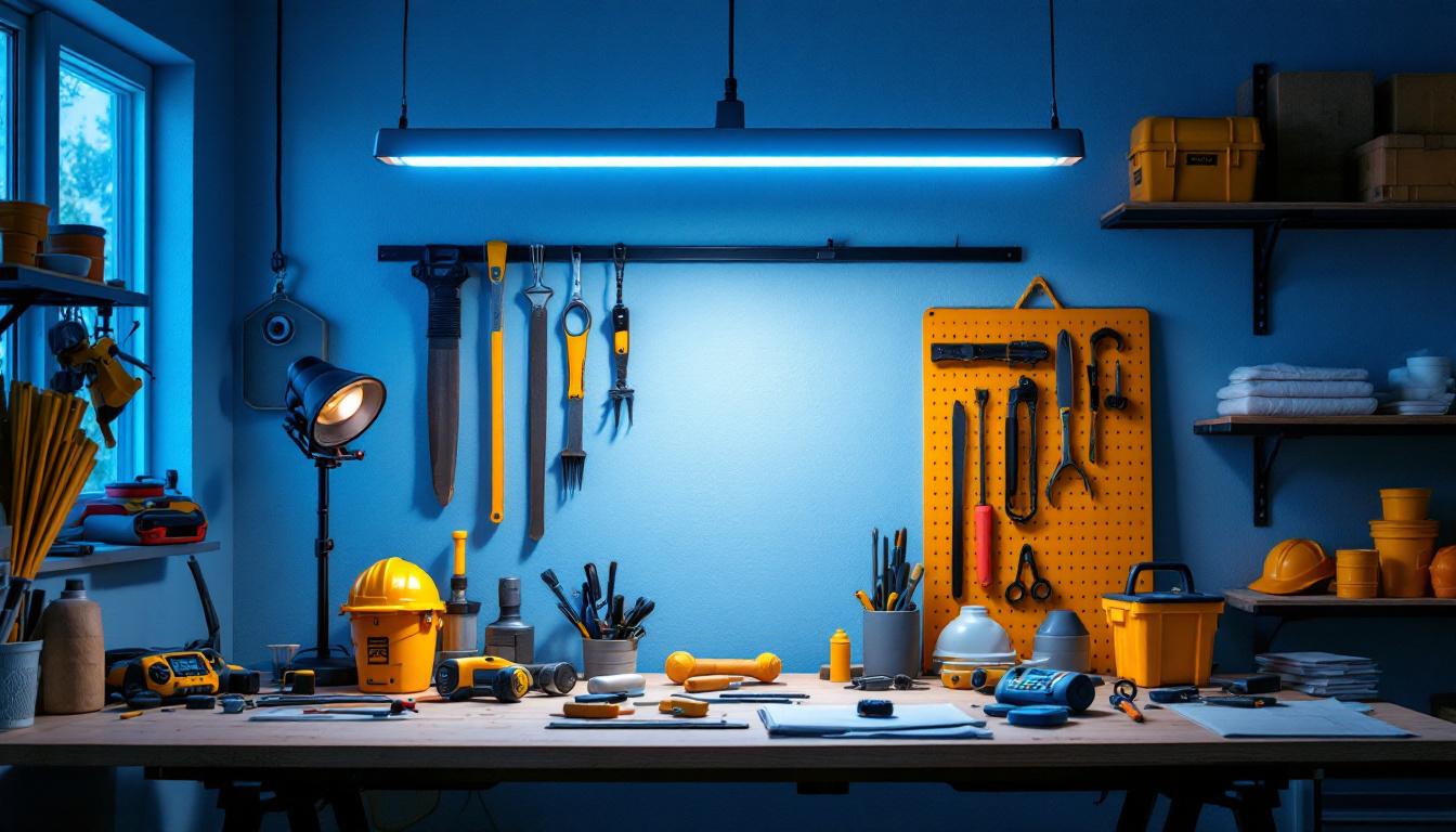 A photograph of a well-lit workspace featuring an 8-foot led shop light illuminating various tools and materials