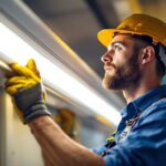 A photograph of a professional electrician installing a led fluorescent retrofit kit in a commercial space