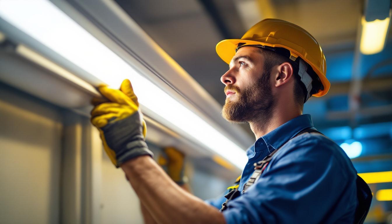 A photograph of a professional electrician installing a led fluorescent retrofit kit in a commercial space