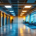 A photograph of a well-lit commercial space showcasing a before-and-after comparison of traditional lighting versus led troffer retrofit kits