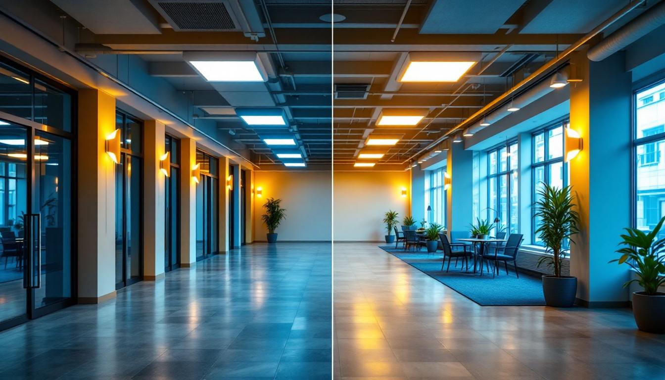 A photograph of a well-lit commercial space showcasing a before-and-after comparison of traditional lighting versus led troffer retrofit kits