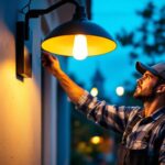 A photograph of a lighting contractor installing or adjusting a stylish commercial outdoor light fixture in an inviting outdoor setting