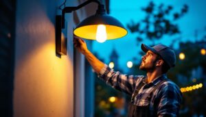 A photograph of a lighting contractor installing or adjusting a stylish commercial outdoor light fixture in an inviting outdoor setting