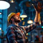 A photograph of a lighting contractor skillfully installing or adjusting various lighting fixtures in a well-lit space