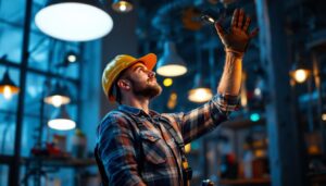 A photograph of a lighting contractor skillfully installing or adjusting various lighting fixtures in a well-lit space