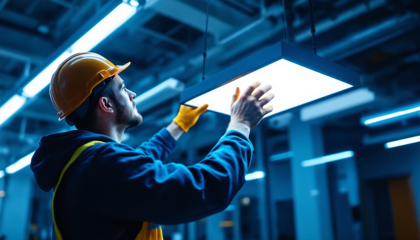 A photograph of a lighting contractor installing or adjusting a sleek 2x2 panel led light in a modern commercial space
