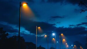 A photograph of a well-lit street scene featuring various styles of street lighting poles