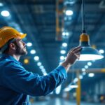 A photograph of a well-lit industrial space showcasing highbay lights in action