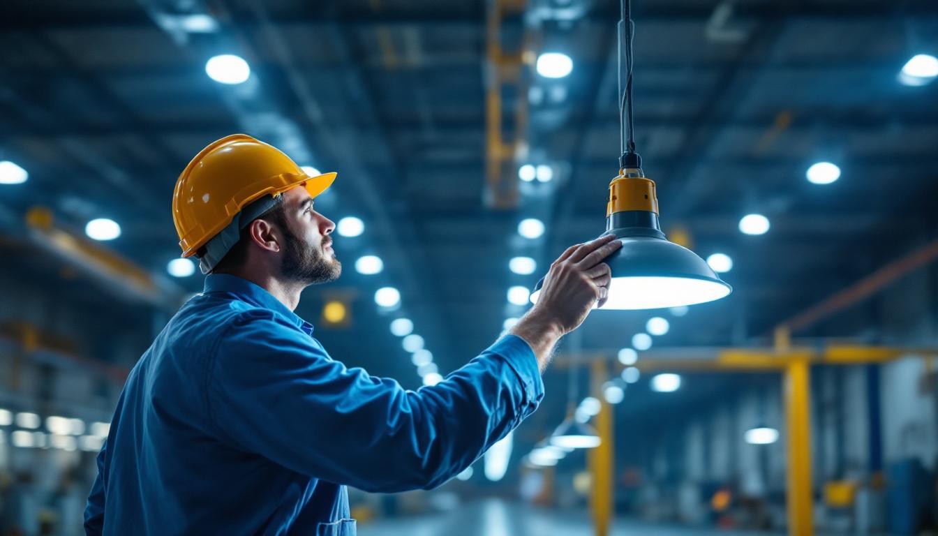 A photograph of a well-lit industrial space showcasing highbay lights in action