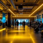 A photograph of a well-lit commercial gym interior showcasing dynamic lighting designs