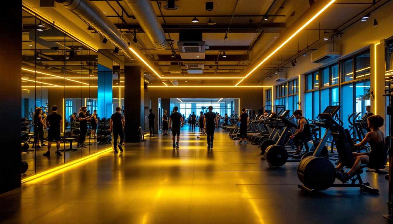 A photograph of a well-lit commercial gym interior showcasing dynamic lighting designs