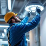 A photograph of a lighting contractor installing or adjusting an 8-foot light fixture in a commercial setting