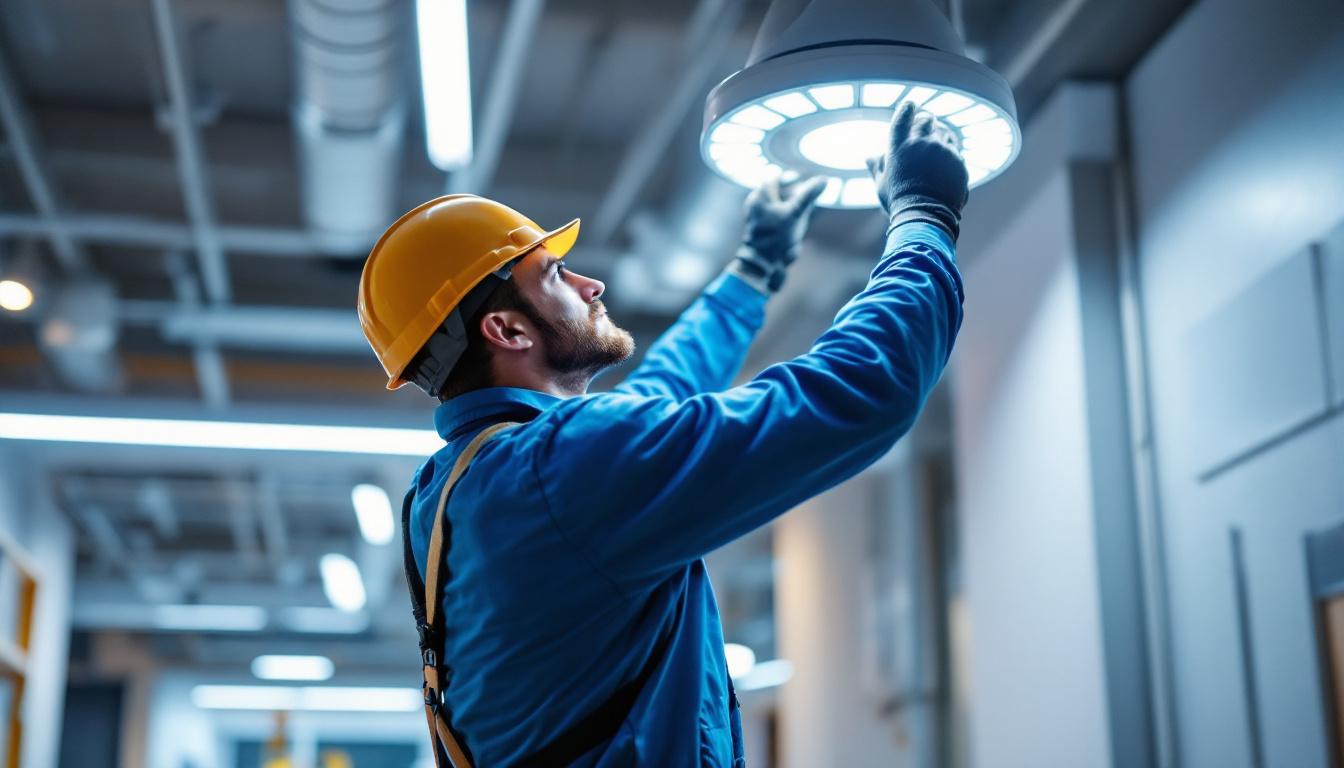 A photograph of a lighting contractor installing or adjusting an 8-foot light fixture in a commercial setting