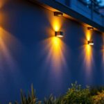 A photograph of a beautifully illuminated exterior wall featuring led lights in a residential or commercial setting
