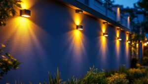A photograph of a beautifully illuminated exterior wall featuring led lights in a residential or commercial setting